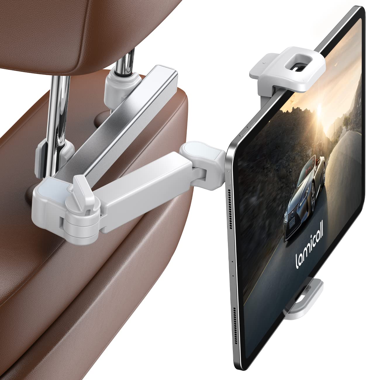 White tablet holder mounted on a brown car seat headrest, holding a tablet displaying a car.