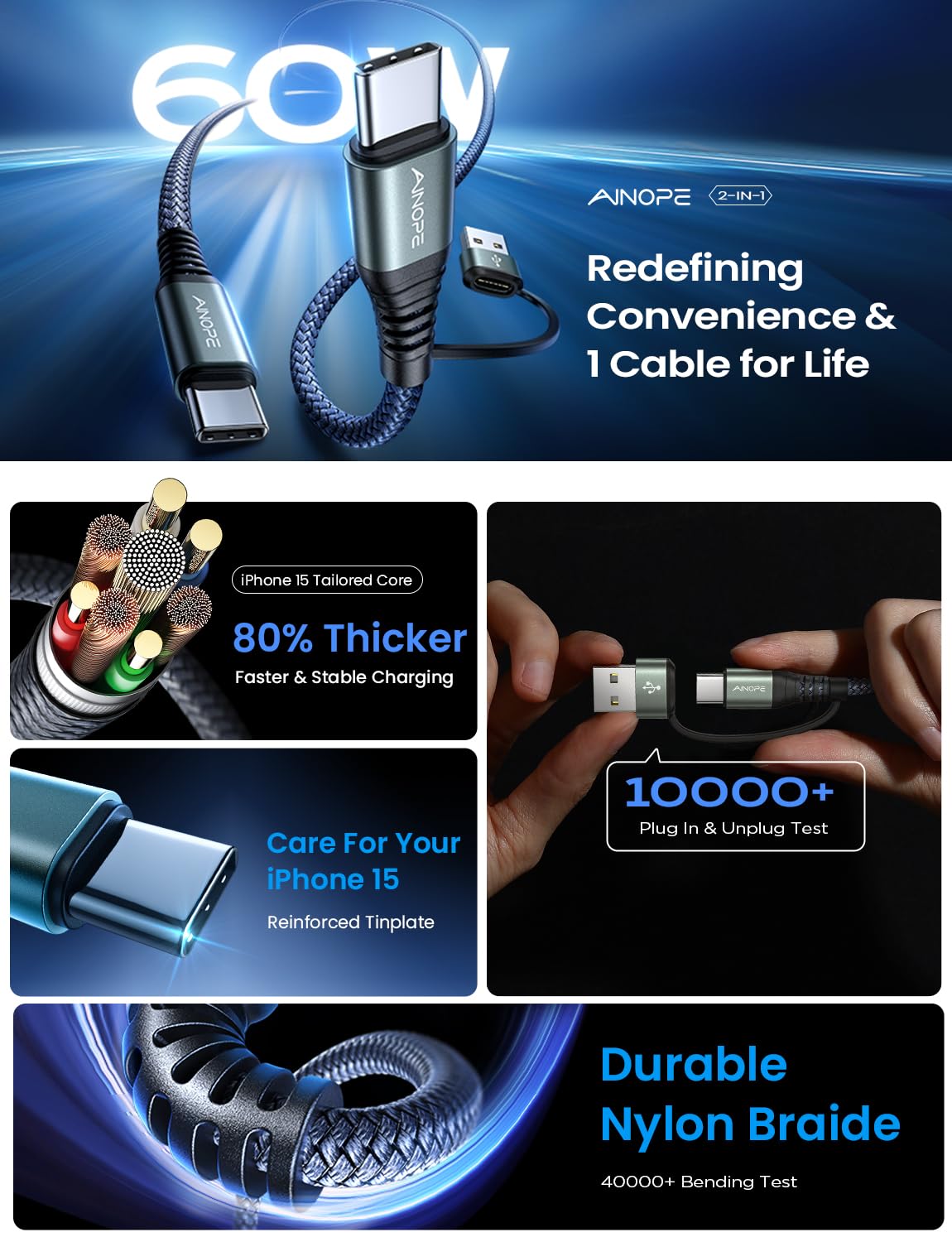 AINOPE 10FT Fast Charge USB C Cable & Adapter - Small Enterprise