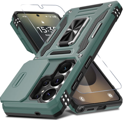 DEERLAMN Case for Samsung Galaxy A17 5G with Slide Camera Cover+Screen Protector (1 Pack), Rotated Ring Kickstand Military Grade Shockproof Protective Cover-Black