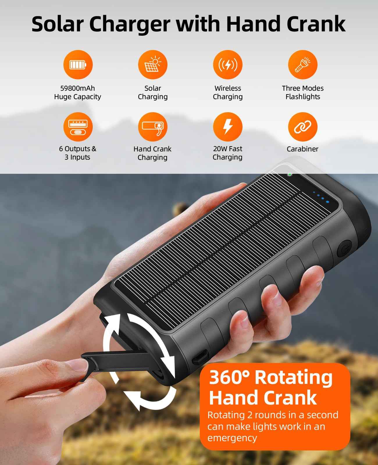 Solar Power Bank 20000mAh with 4 Cables & Flashlights