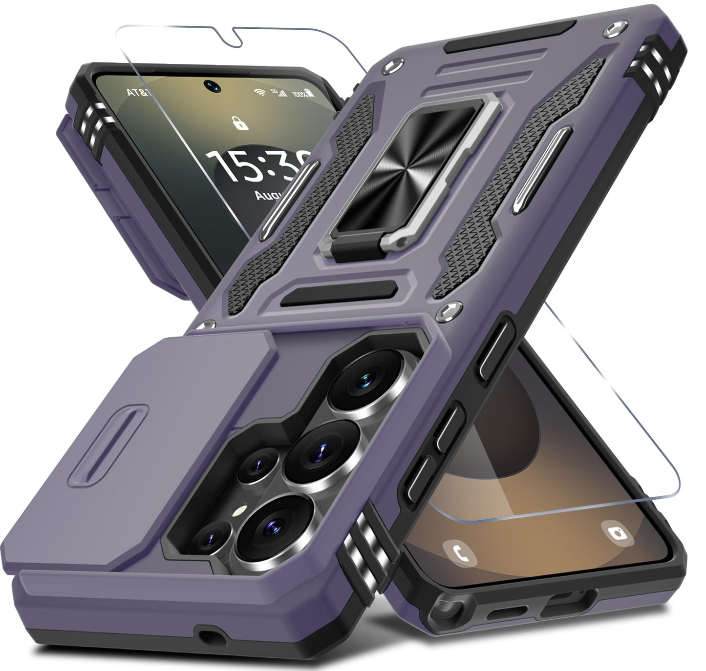 DEERLAMN Case for Samsung Galaxy A17 5G with Slide Camera Cover+Screen Protector (1 Pack), Rotated Ring Kickstand Military Grade Shockproof Protective Cover-Black