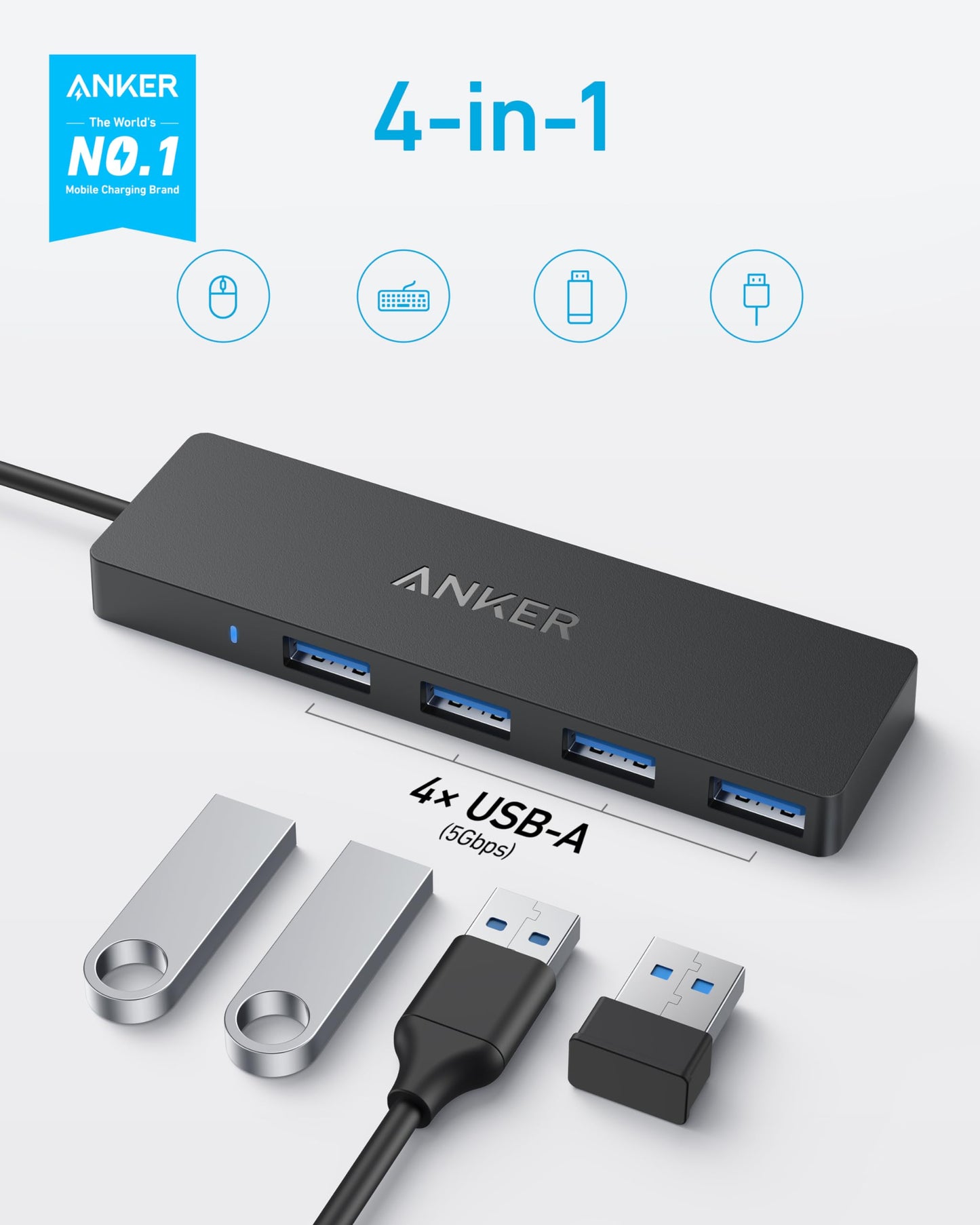 Anker USB Hub 4 Ports, Multiple USB 3.0 Hub, USB Splitter for Laptop, Extender for A Port Laptop, PC, Desktop and More [Charging Not Supported](2ft USB-A)