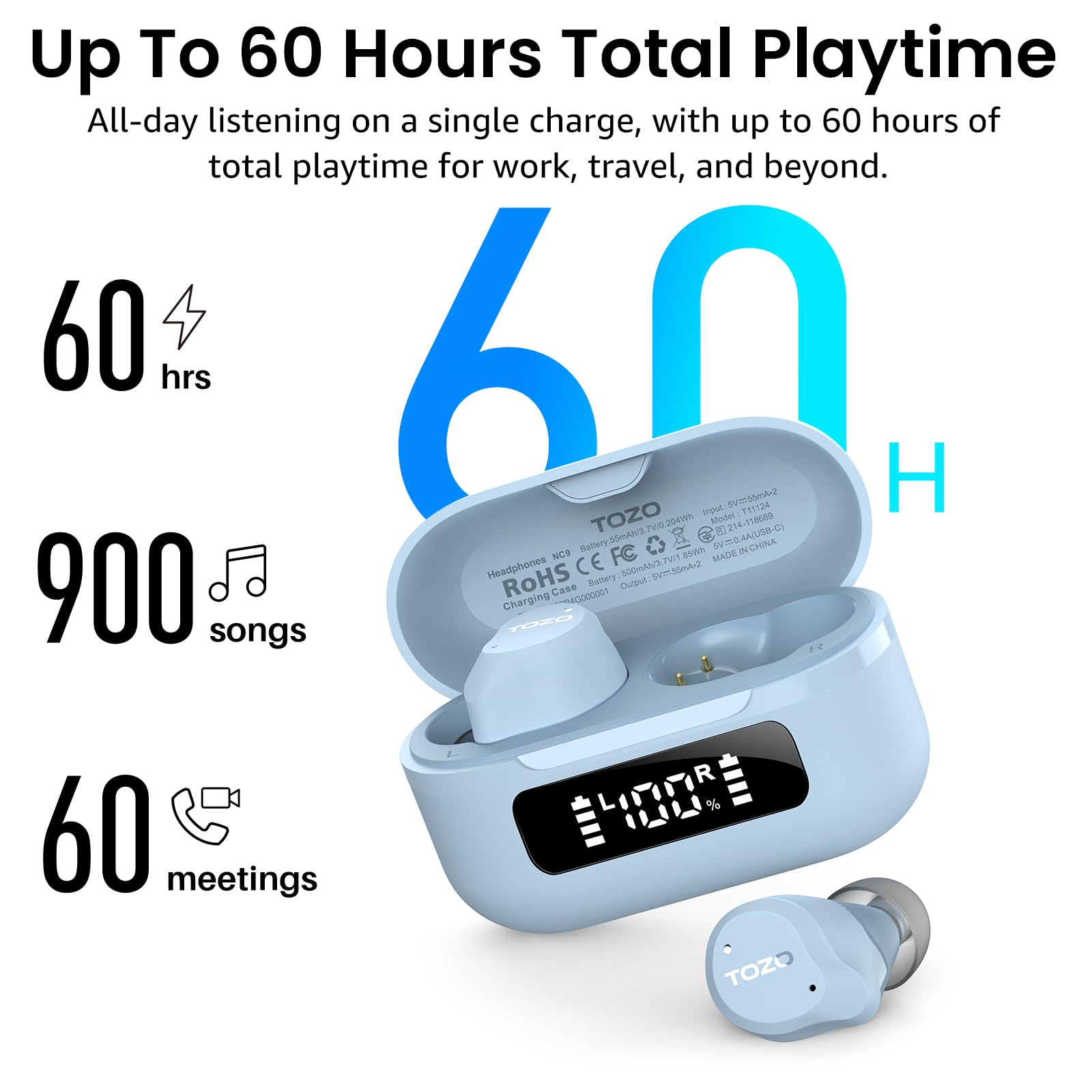 TOZO NC9 Hybrid Active Noise Cancelling Wireless Earbuds, 6 Mics ENC Clear Call, IPX8 Waterproof, in Ear Bluetooth 5.3 Headphones Stereo Bass Ear Buds 60H Playtime with LED Display 32 EQs via APP