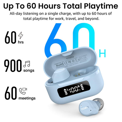 TOZO NC9 Hybrid Active Noise Cancelling Wireless Earbuds, 6 Mics ENC Clear Call, IPX8 Waterproof, in Ear Bluetooth 5.3 Headphones Stereo Bass Ear Buds 60H Playtime with LED Display 32 EQs via APP