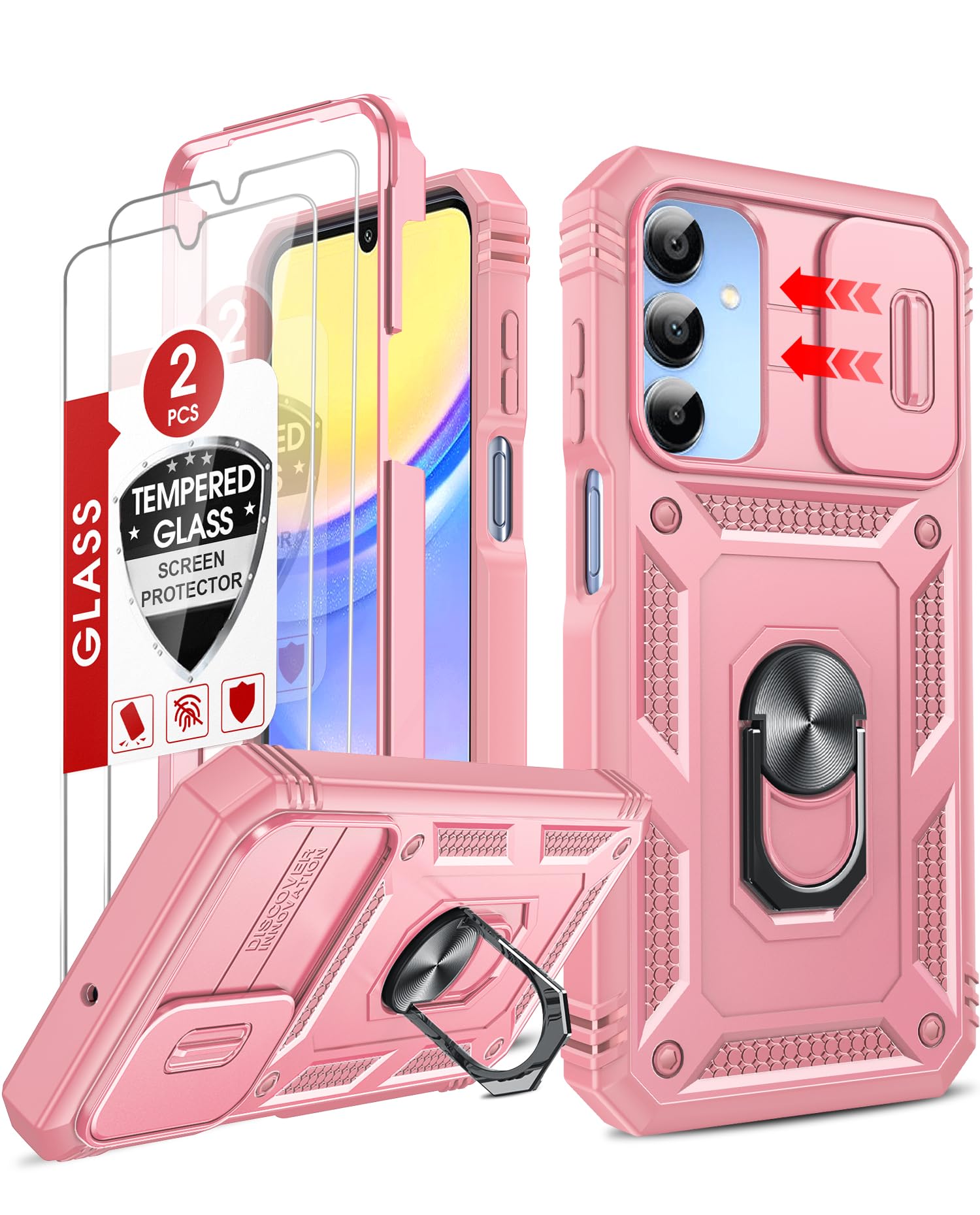 Pink phone case with kickstand and camera cover, two screen protectors included.
