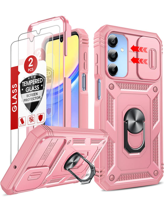 Pink phone case with kickstand and camera cover, two screen protectors included.