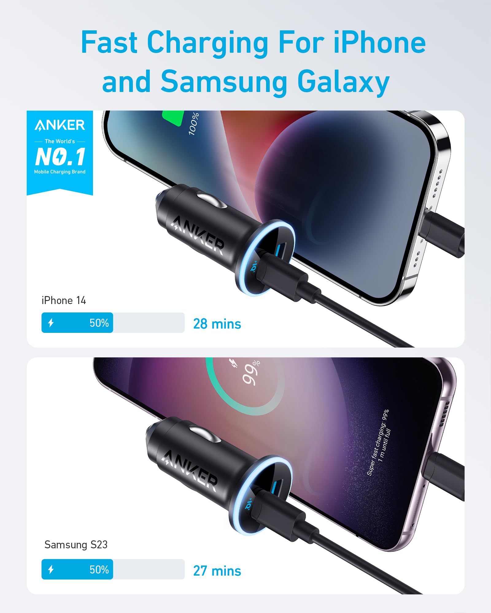 Anker 323 USB-C Car Charger Adapter, 52.5W Cigarette Lighter Charger with 30W PowerIQ 3.0 Fast Charging for iPhone 17/16/15/14/13/12 Series, Galaxy S25/24, Pixel