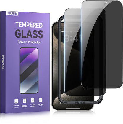 ruwa Privacy Screen Protector for iPhone 13/13 Pro/14/16e [2-Pack][6.1 Inch] Display Tempered Glass Film with Easy Installation Frame, Ultra HD, 9H Hardness, Scratch Resistant, Case Friendly