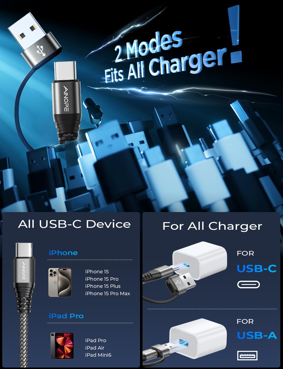 AINOPE 10FT Fast Charge USB C Cable & Adapter - Small Enterprise