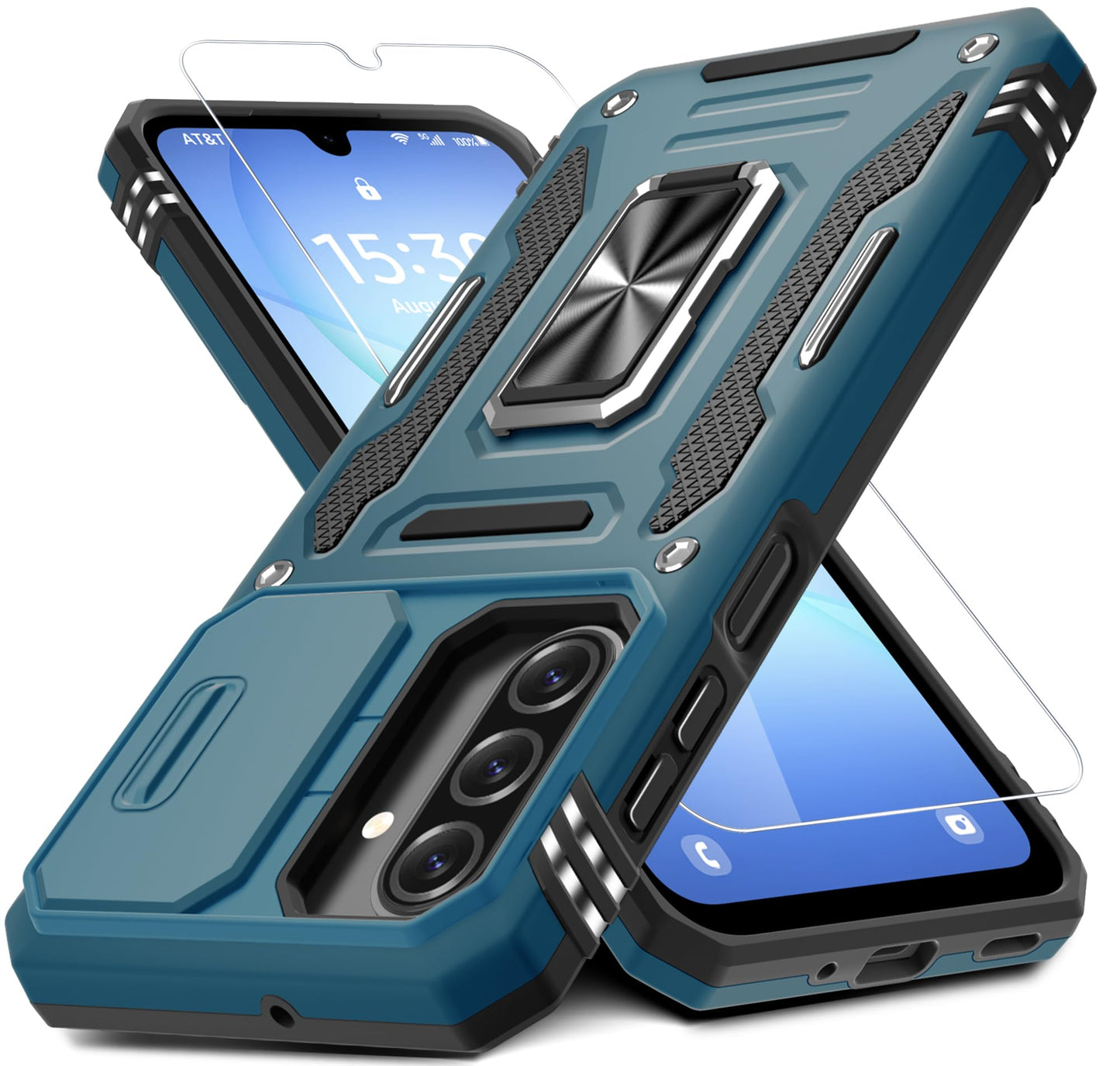 DEERLAMN Case for Samsung Galaxy A17 5G with Slide Camera Cover+Screen Protector (1 Pack), Rotated Ring Kickstand Military Grade Shockproof Protective Cover-Black
