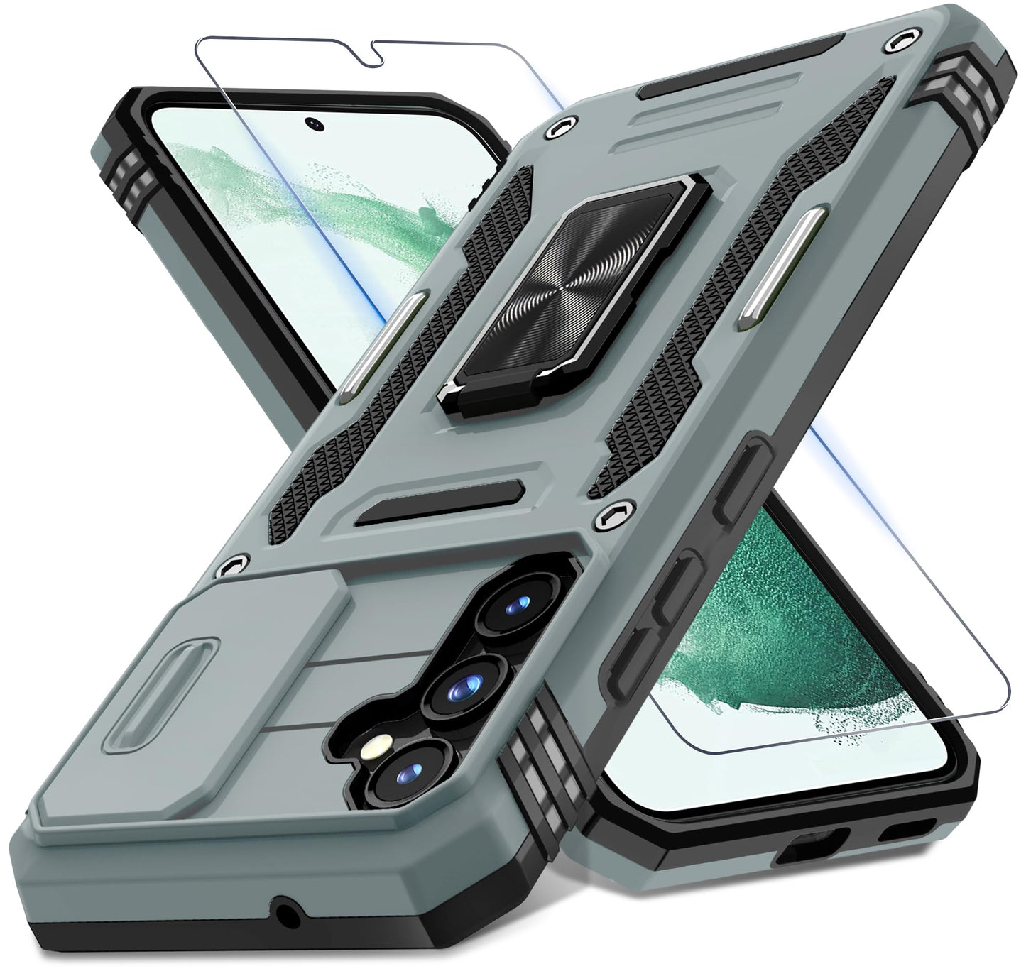 DEERLAMN Case for Samsung Galaxy A17 5G with Slide Camera Cover+Screen Protector (1 Pack), Rotated Ring Kickstand Military Grade Shockproof Protective Cover-Black