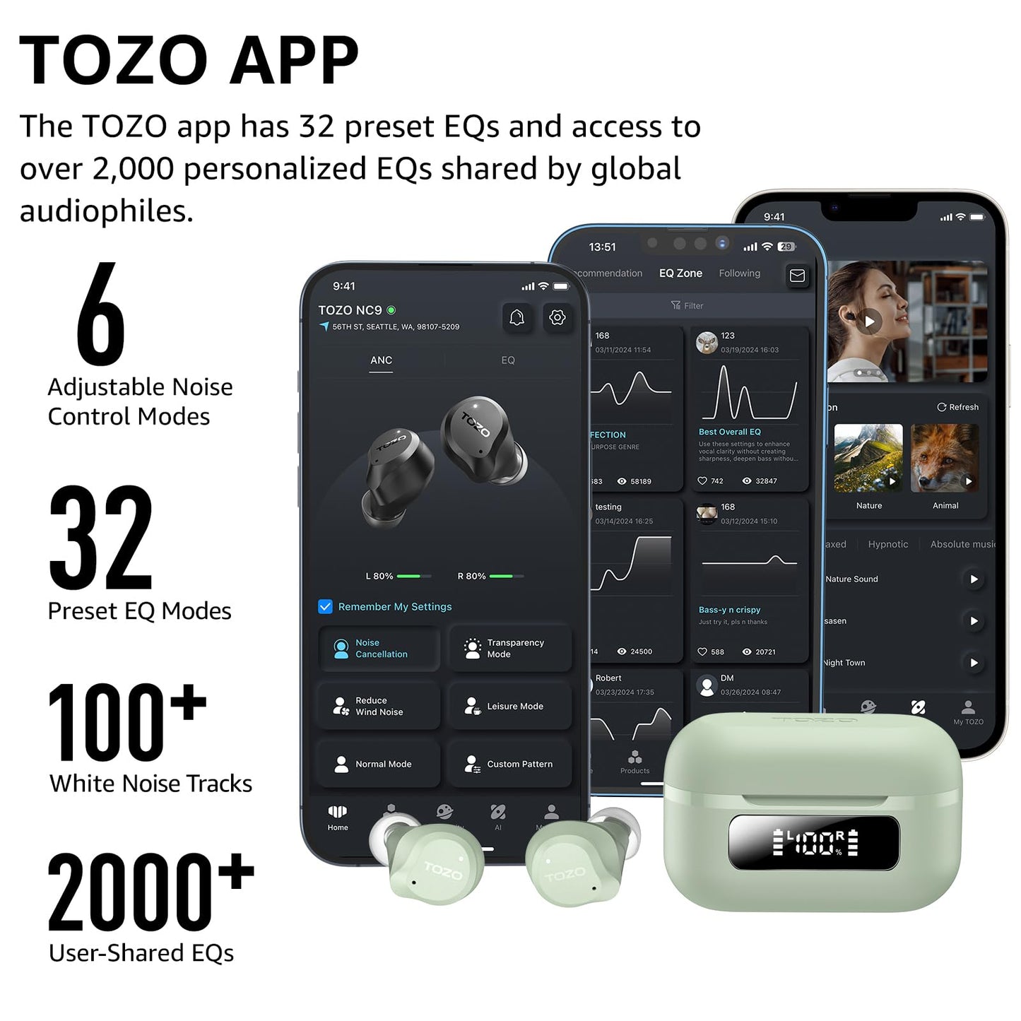 TOZO NC9 Hybrid Active Noise Cancelling Wireless Earbuds, 6 Mics ENC Clear Call, IPX8 Waterproof, in Ear Bluetooth 5.3 Headphones Stereo Bass Ear Buds 60H Playtime with LED Display 32 EQs via APP