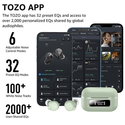 TOZO NC9 Hybrid Active Noise Cancelling Wireless Earbuds, 6 Mics ENC Clear Call, IPX8 Waterproof, in Ear Bluetooth 5.3 Headphones Stereo Bass Ear Buds 60H Playtime with LED Display 32 EQs via APP