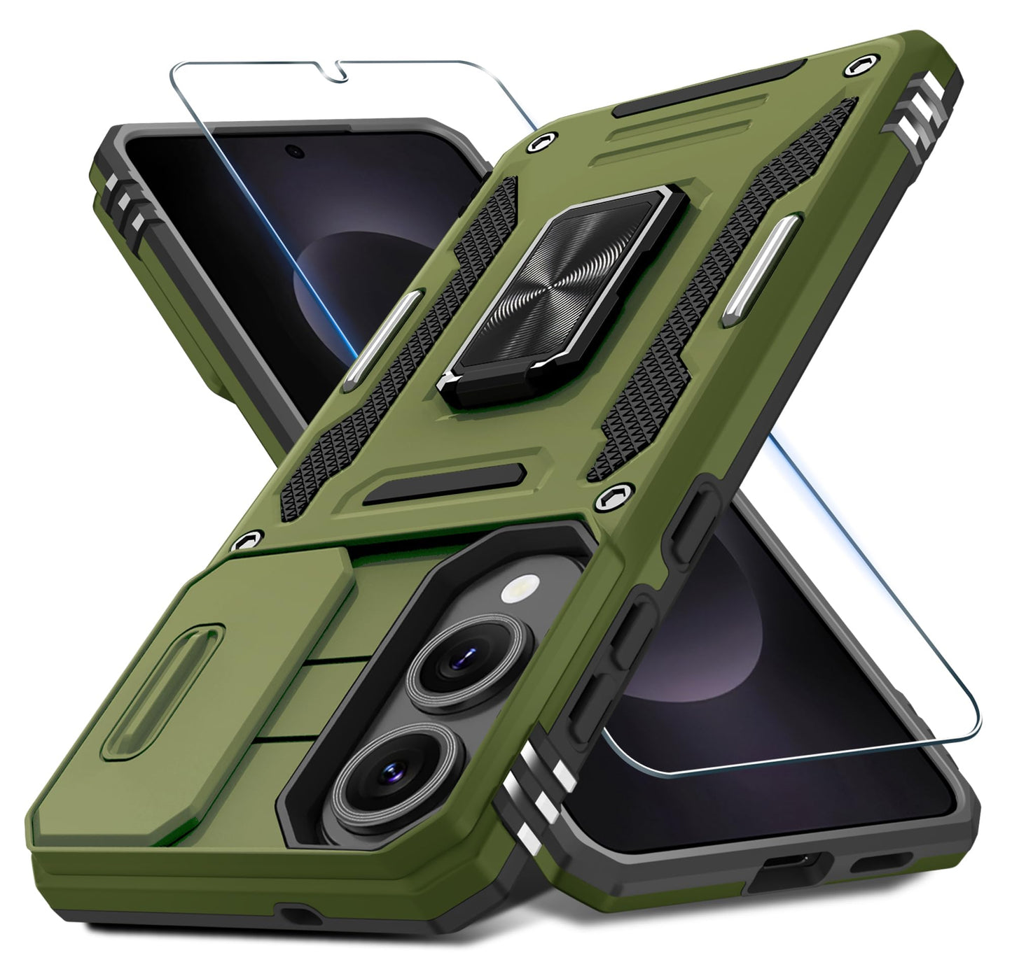DEERLAMN Case for Samsung Galaxy A17 5G with Slide Camera Cover+Screen Protector (1 Pack), Rotated Ring Kickstand Military Grade Shockproof Protective Cover-Black