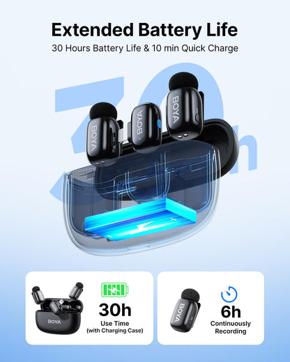 BOYA mini 2 Wireless Lavalier Microphones for iPhone 15/16/17 & Android, AI Noise Cancellation, App Control, 30H Battery Life with Charging Case, Lapel Microphone Wireless for Video Recording Vlogging