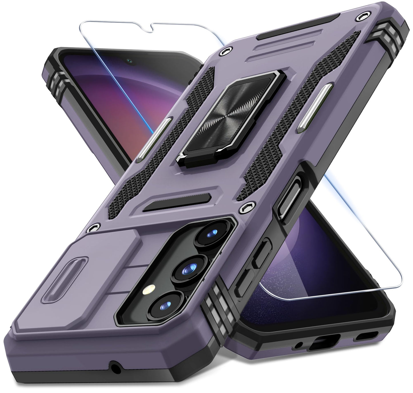 DEERLAMN Case for Samsung Galaxy A17 5G with Slide Camera Cover+Screen Protector (1 Pack), Rotated Ring Kickstand Military Grade Shockproof Protective Cover-Black