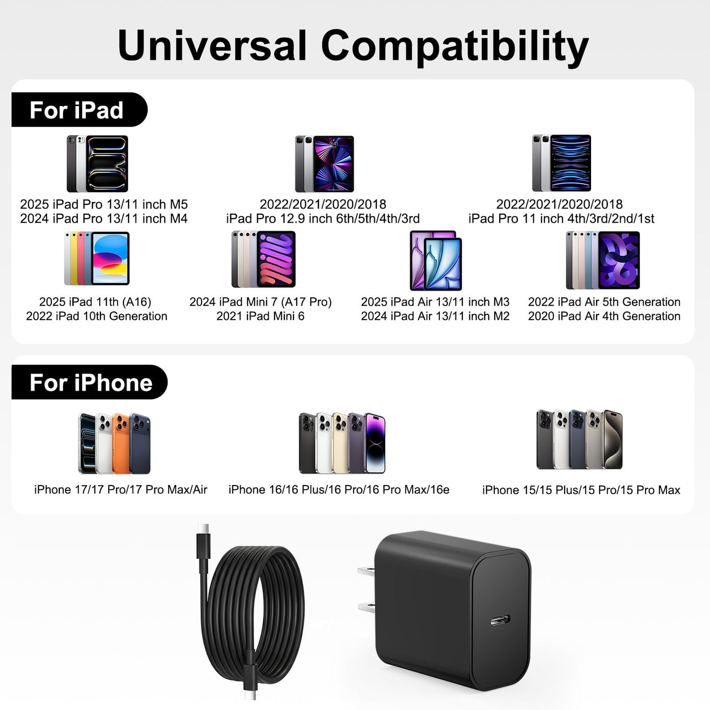 iPad Charger Fast Charging, 20W USB C Charger Block with 10FT & 6FT USB C to C Cable for iPad Pro 13/12.9/11 inch, iPad A16 11th/10th Generation, iPad Air 13/11 inch M4/M3/M2/5th/4th, iPad mini 7/6
