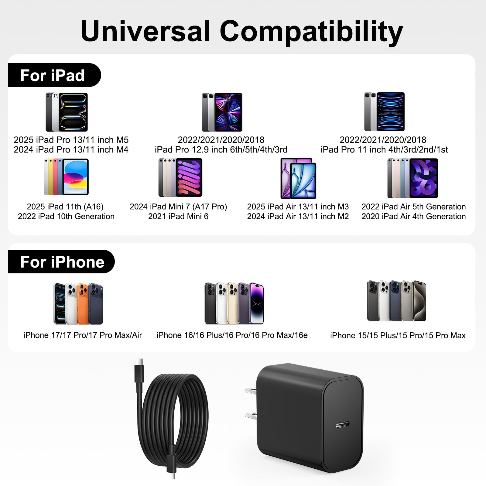 iPad Charger Fast Charging, 20W USB C Charger Block with 10FT & 6FT USB C to C Cable for iPad Pro 13/12.9/11 inch, iPad A16 11th/10th Generation, iPad Air 13/11 inch M4/M3/M2/5th/4th, iPad mini 7/6