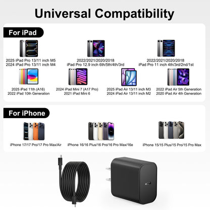 iPad Charger Fast Charging, 20W USB C Charger Block with 10FT & 6FT USB C to C Cable for iPad Pro 13/12.9/11 inch, iPad A16 11th/10th Generation, iPad Air 13/11 inch M4/M3/M2/5th/4th, iPad mini 7/6