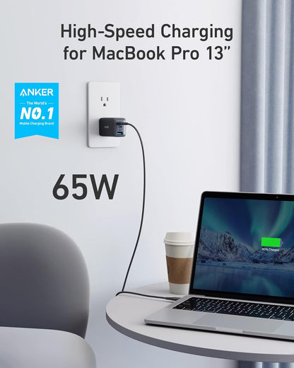 Anker Charger, 65W 3-Port Fast Compact Foldable USB C Charger Block for MacBook Pro/Air, iPad Pro, Galaxy S20, Dell XPS 13, Note 20/10+, iPhone 17 Series, Steam Deck, and More