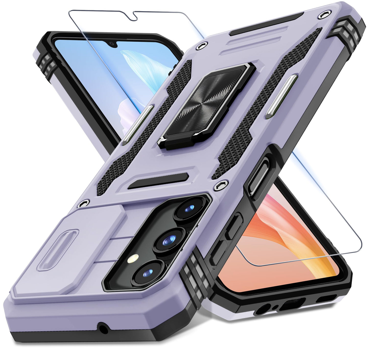 DEERLAMN Case for Samsung Galaxy A17 5G with Slide Camera Cover+Screen Protector (1 Pack), Rotated Ring Kickstand Military Grade Shockproof Protective Cover-Black