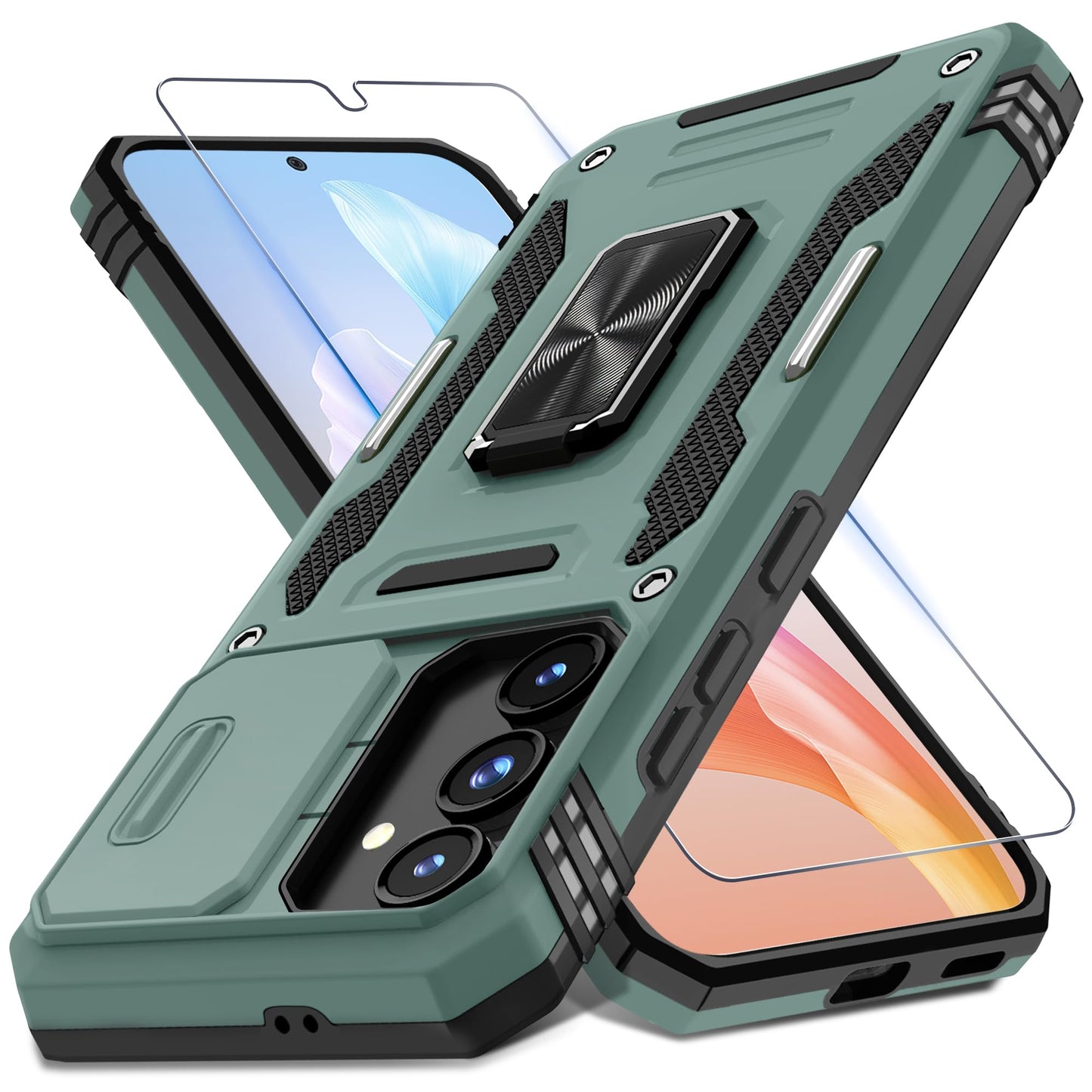 DEERLAMN Case for Samsung Galaxy A17 5G with Slide Camera Cover+Screen Protector (1 Pack), Rotated Ring Kickstand Military Grade Shockproof Protective Cover-Black