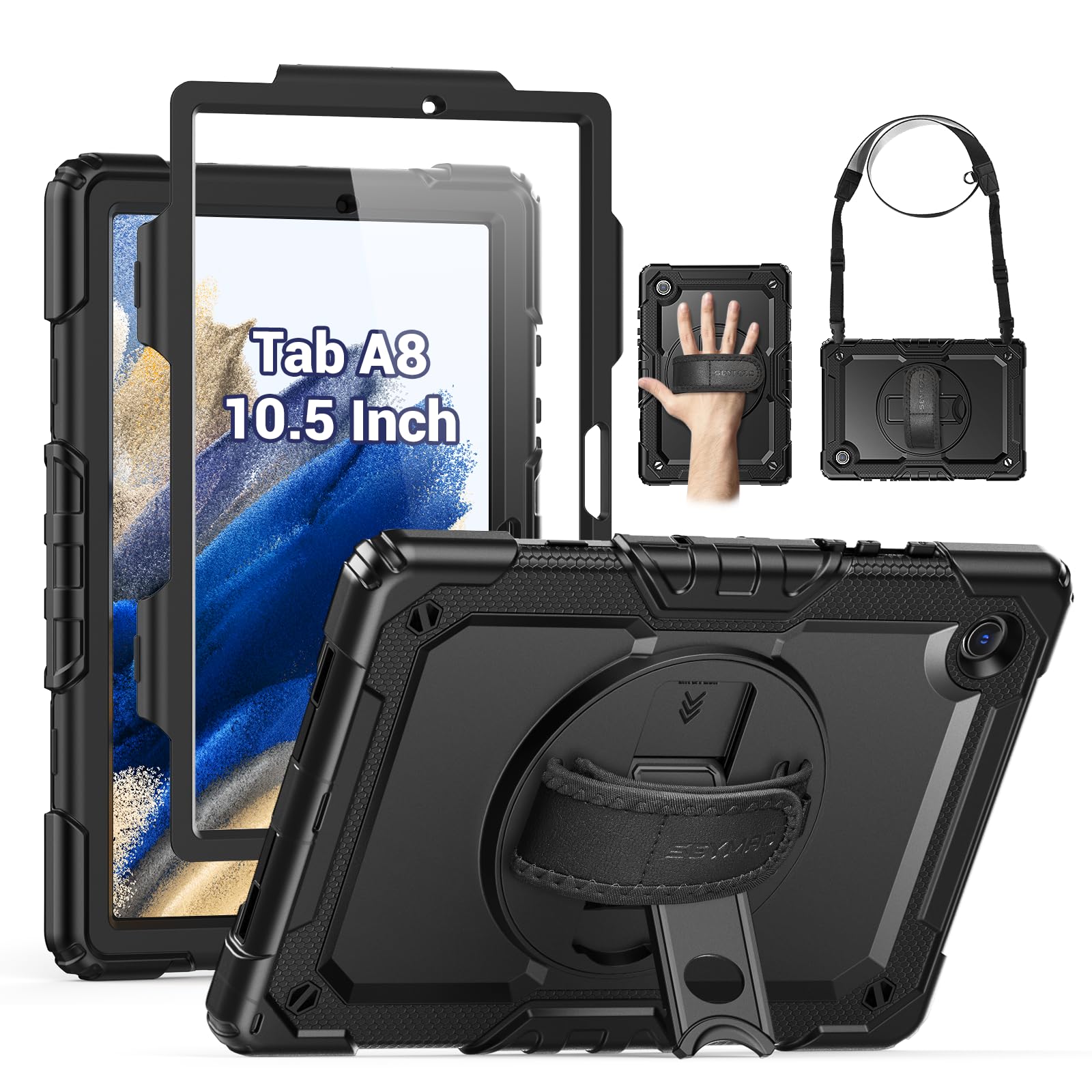 Black rugged tablet case with hand strap, stand, and screen protector for Tab A8 10.5 Inch.