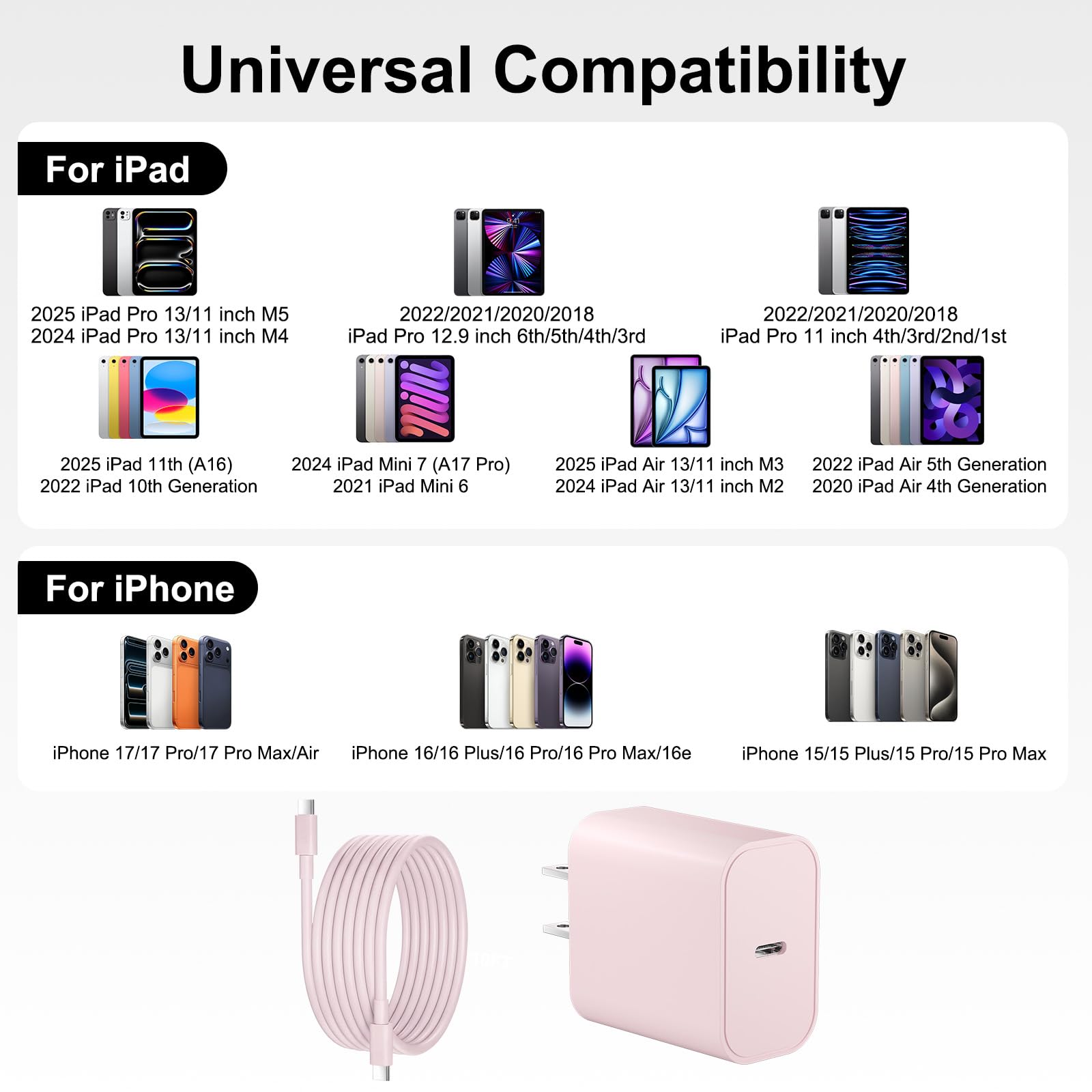 iPad Charger Fast Charging, 20W USB C Charger Block with 10FT & 6FT USB C to C Cable for iPad Pro 13/12.9/11 inch, iPad A16 11th/10th Generation, iPad Air 13/11 inch M4/M3/M2/5th/4th, iPad mini 7/6