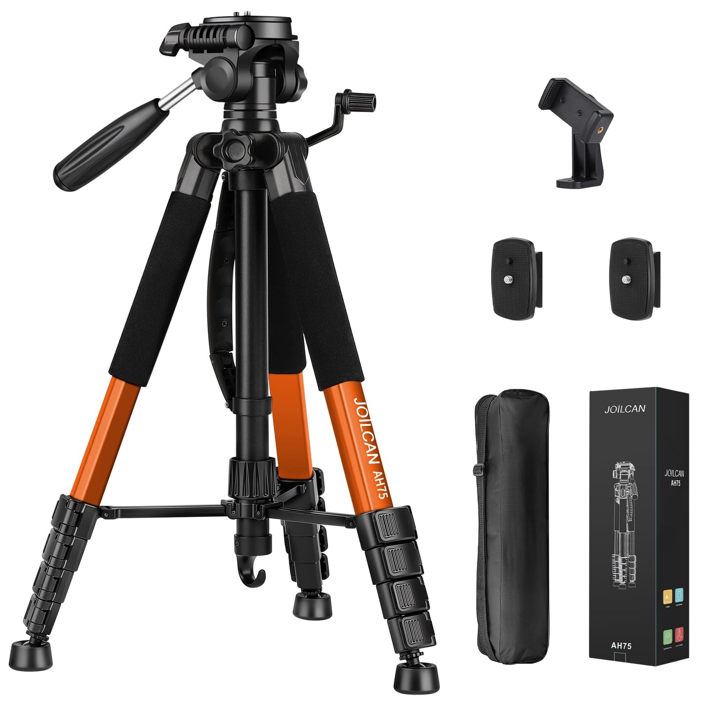 Black and orange tripod with adjustable legs, phone mounts, carry case, and packaging box.