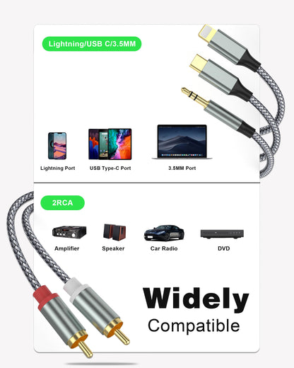 Lightning to RCA Cable Audio Aux Adapter,RCA to 3.5mm Cable，USB C to 2 RCA Audio Cable， (3 in 1 Audio Cable) for Power Amplifier, Car, Home Theater, Speaker and More(Lightning Compatible)(4.26FT)