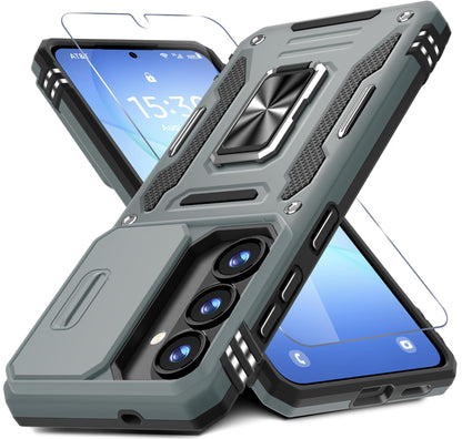 DEERLAMN Case for Samsung Galaxy A17 5G with Slide Camera Cover+Screen Protector (1 Pack), Rotated Ring Kickstand Military Grade Shockproof Protective Cover-Black