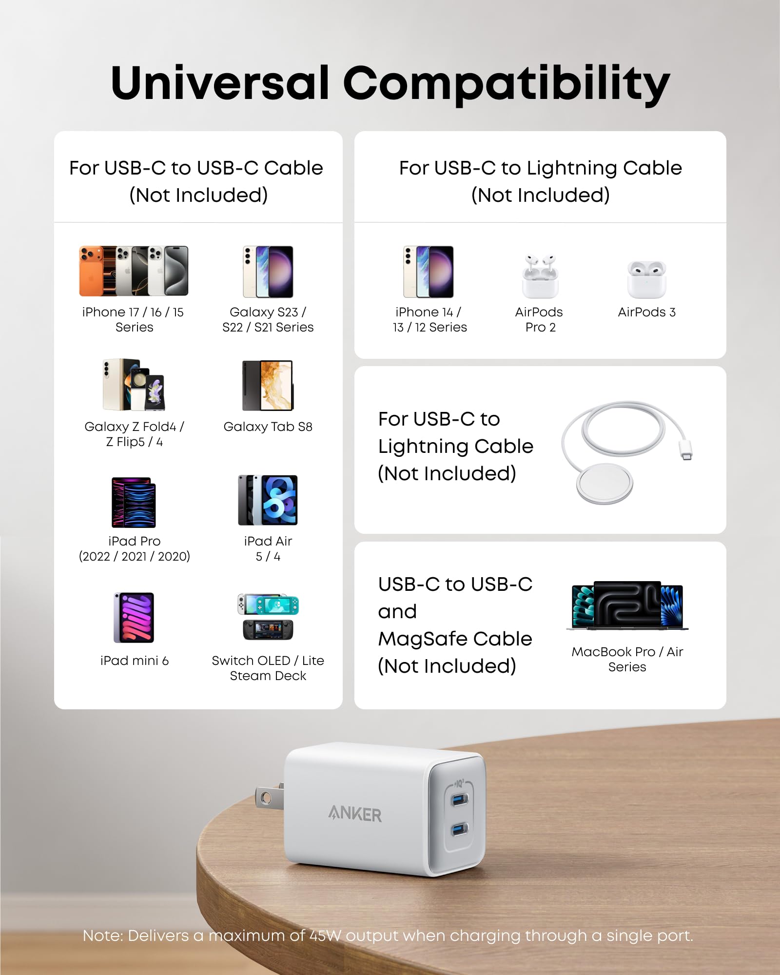 Anker Nano 47W USB C Charger, 2 Port Compact Foldable GaN Charger for iPhone 17 / 16, Galaxy, Pixel, Compatible with MagSafe (White)