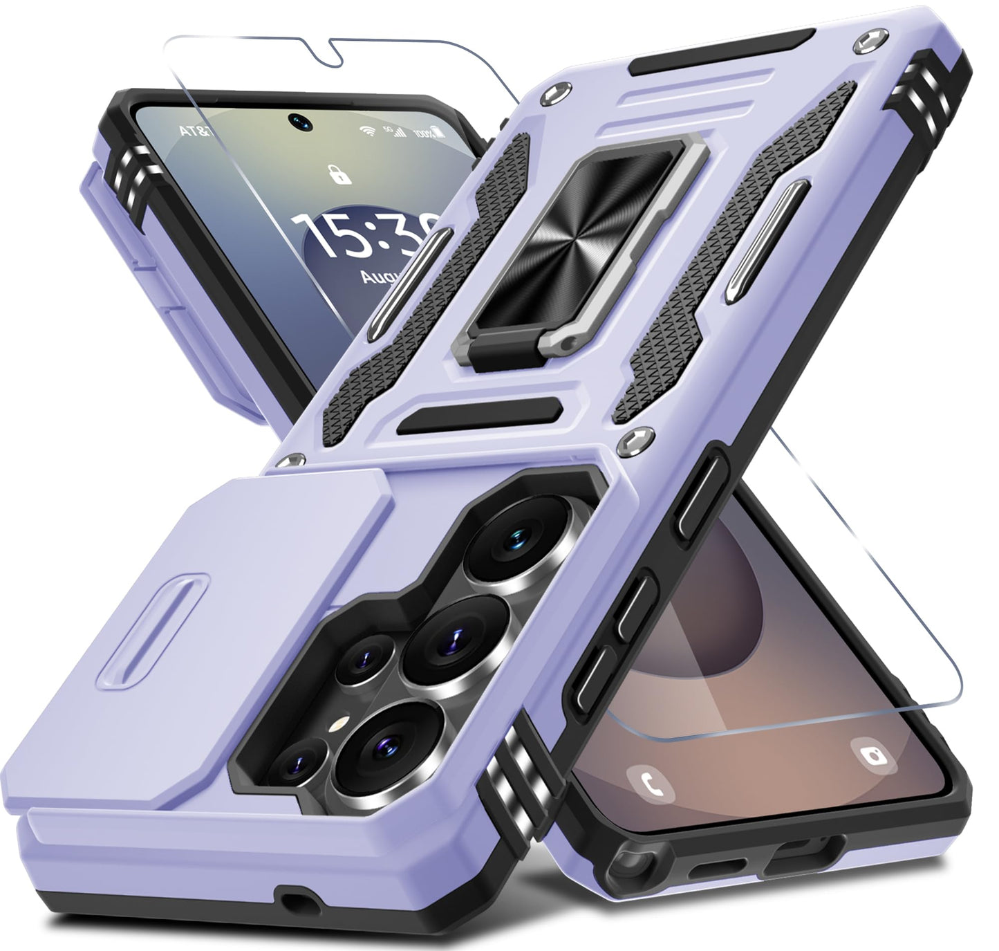 DEERLAMN Case for Samsung Galaxy A17 5G with Slide Camera Cover+Screen Protector (1 Pack), Rotated Ring Kickstand Military Grade Shockproof Protective Cover-Black
