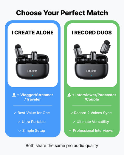 BOYA mini 2 Wireless Lavalier Microphones for iPhone 15/16/17 & Android, AI Noise Cancellation, App Control, 30H Battery Life with Charging Case, Lapel Microphone Wireless for Video Recording Vlogging