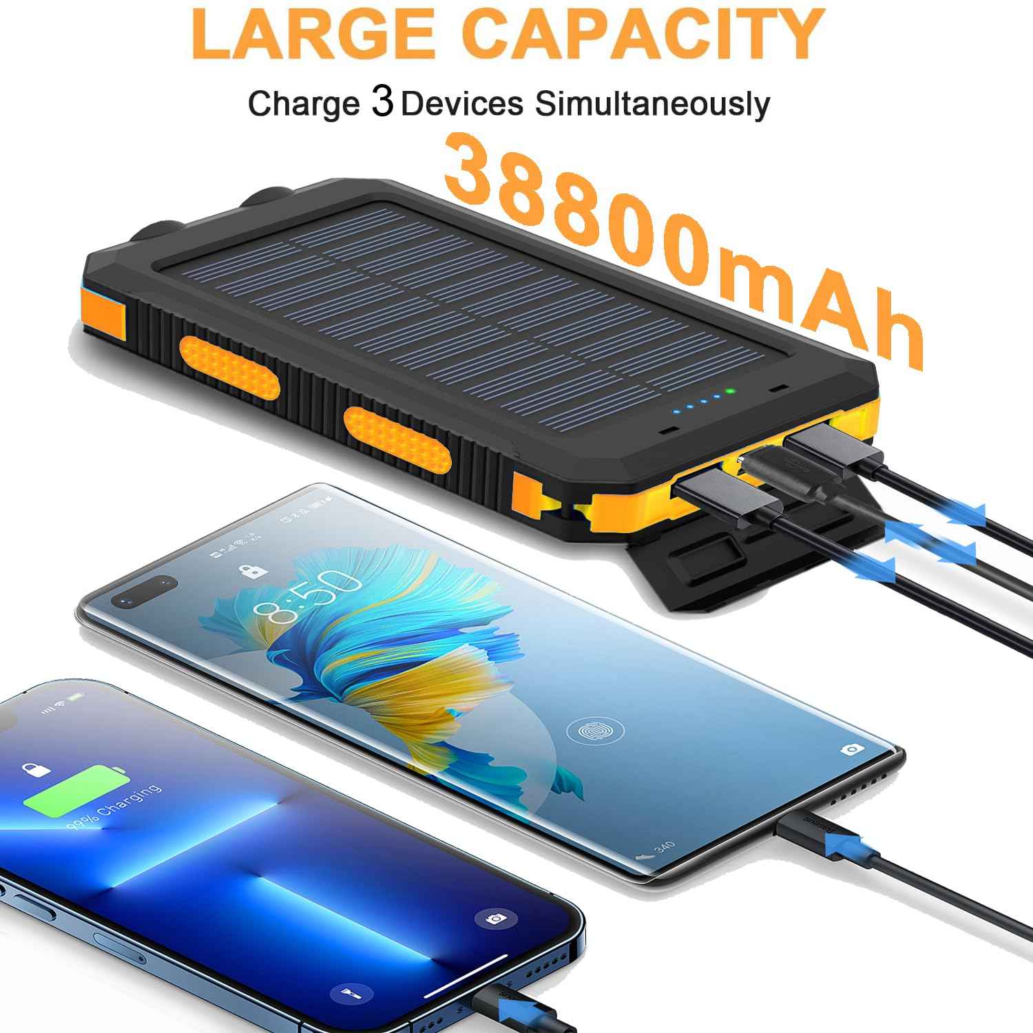 Solar Power Bank 20000mAh with 4 Cables & Flashlights