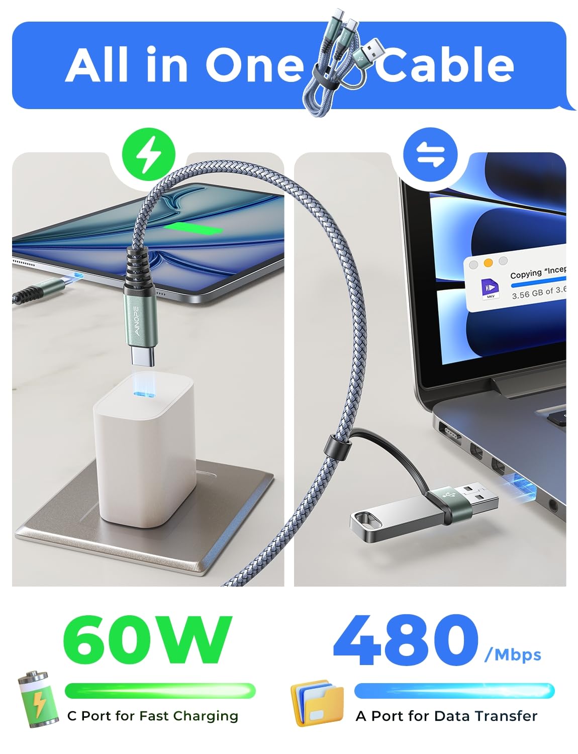 AINOPE 10FT Fast Charge USB C Cable & Adapter - Small Enterprise