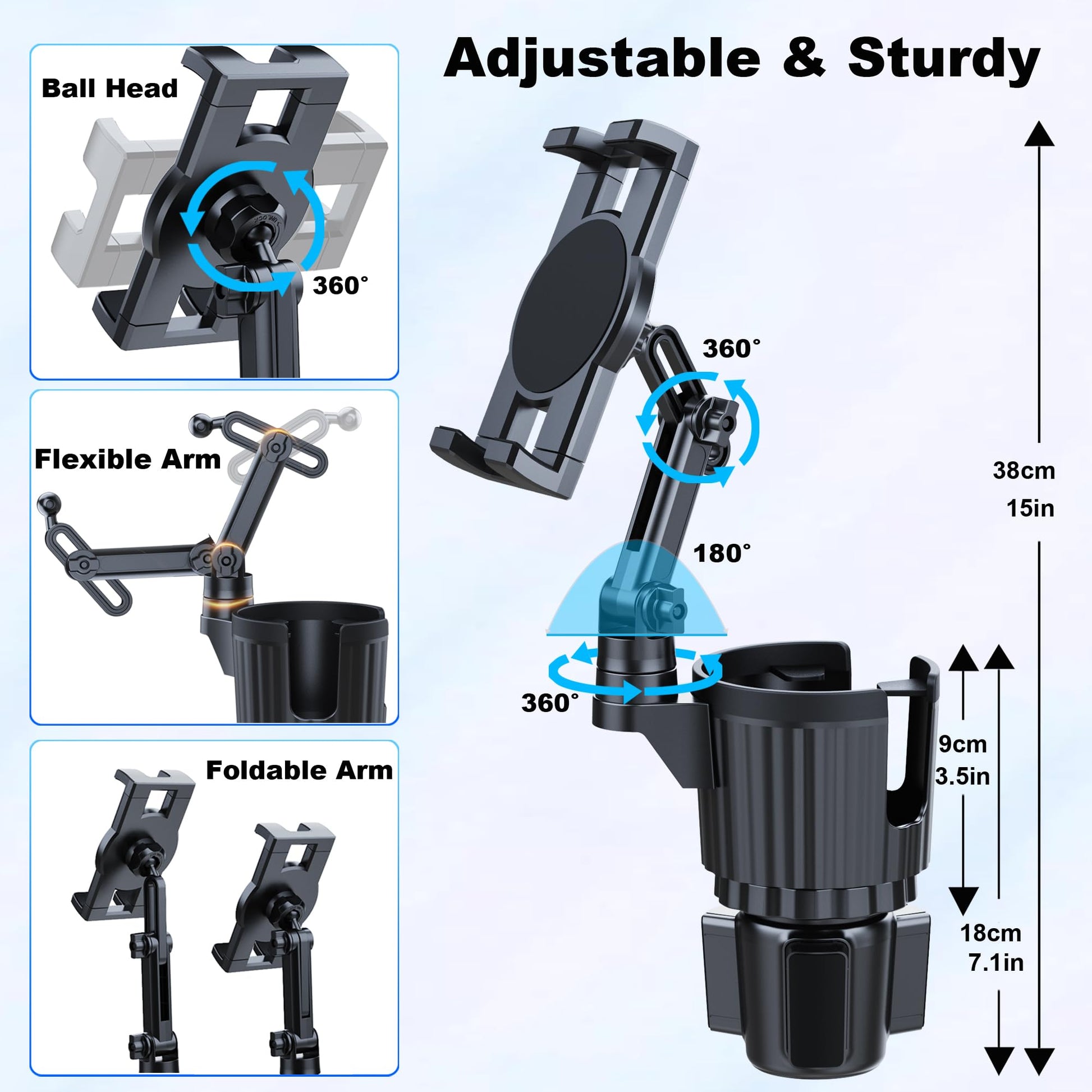 Peastrex Cup Holder Tablet Mount, Ipad Cup Holder Car Mount with Adjustable Arm for Tablet iPhone 3-11in iPad Pro Air Mini, Fire, iPhone 15, Galaxy S24 Z Fold 5