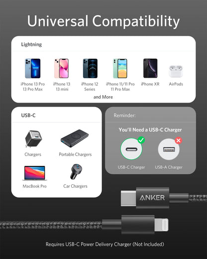 Anker New Nylon USB C to Lightning Cable, Apple MFi Certified for iPhone 14 Series, and More (6FT, Black)