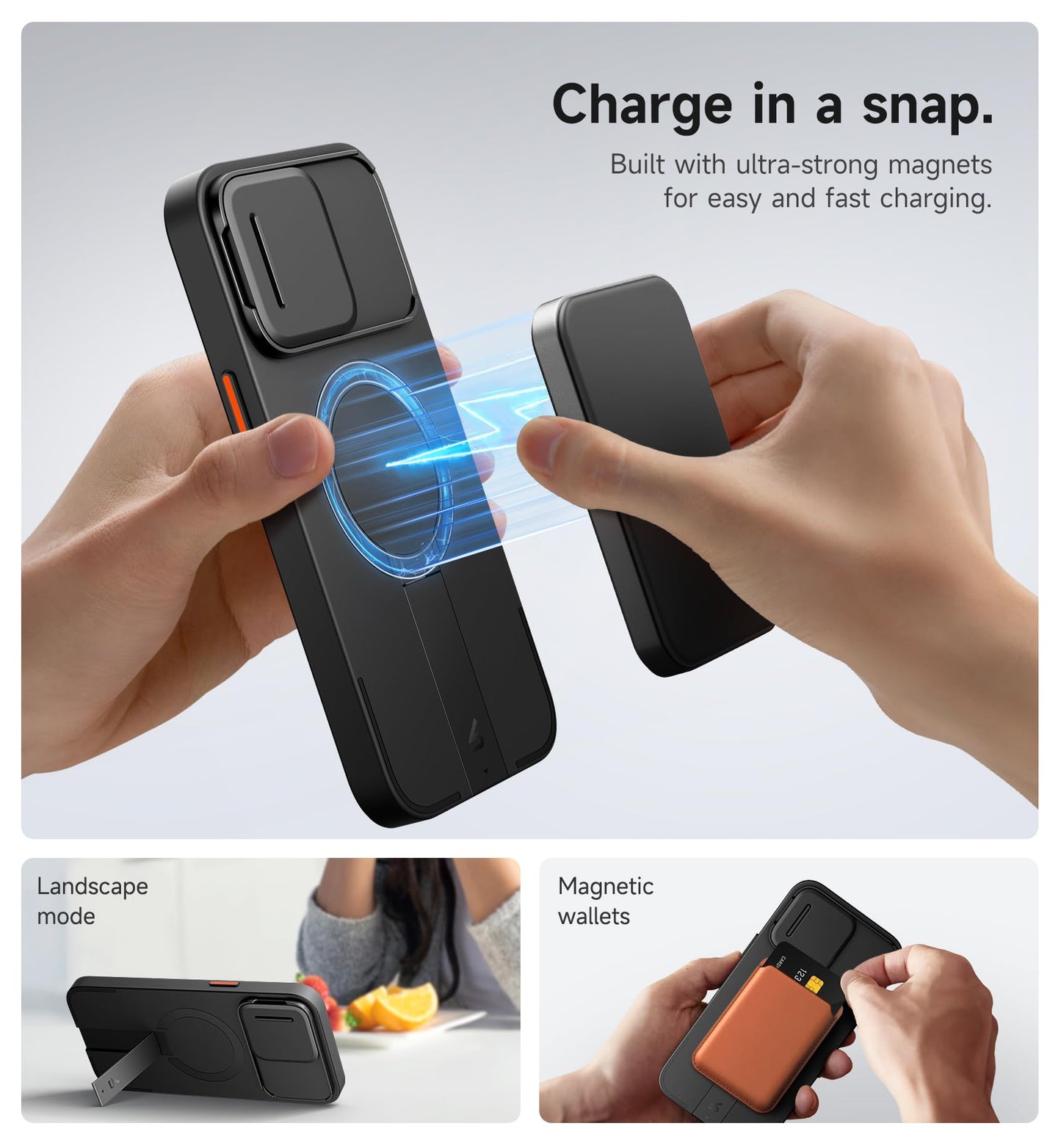 SURITCH for iPhone 14 Pro Max Case with Magnetic Camera Slide Cover and Adjustable Kickstand, Compatible with MagSafe, Shockproof Bumper Case Slim Protective Cover 6.7 Inch, Black