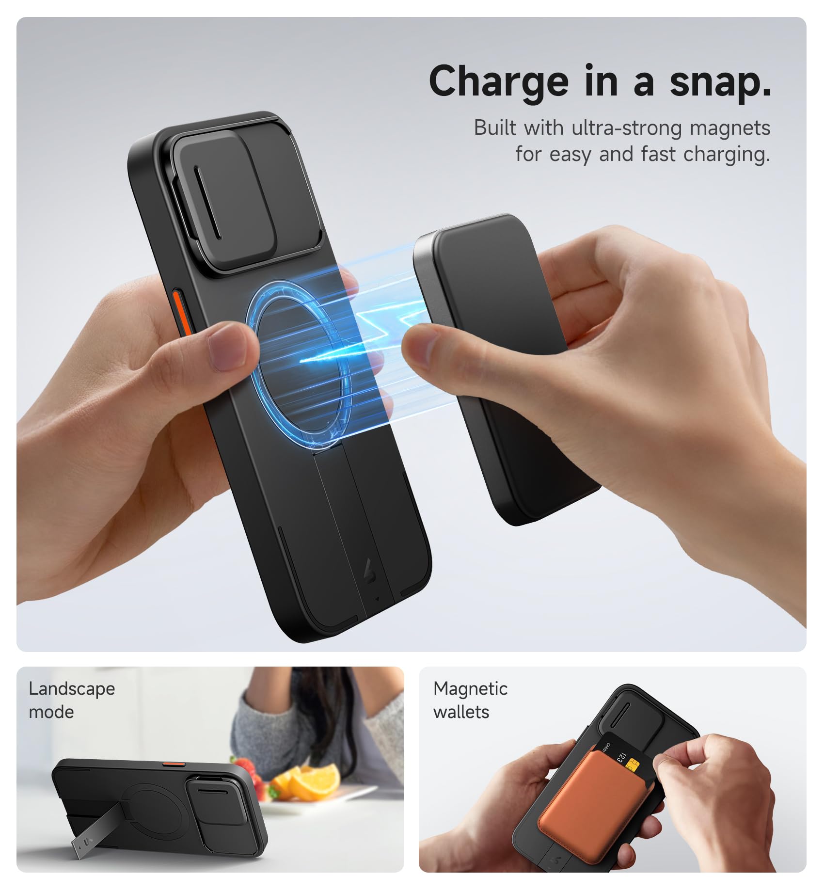 SURITCH for iPhone 14 Pro Max Case with Magnetic Camera Slide Cover and Adjustable Kickstand, Compatible with MagSafe, Shockproof Bumper Case Slim Protective Cover 6.7 Inch, Black