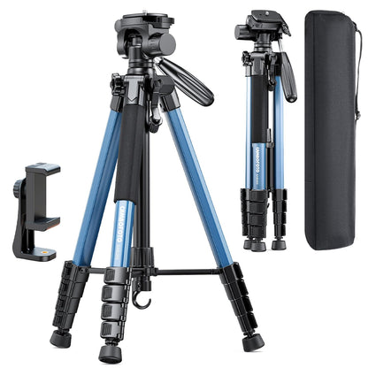 Blue and black tripod with adjustable legs, phone holder, and carrying case.