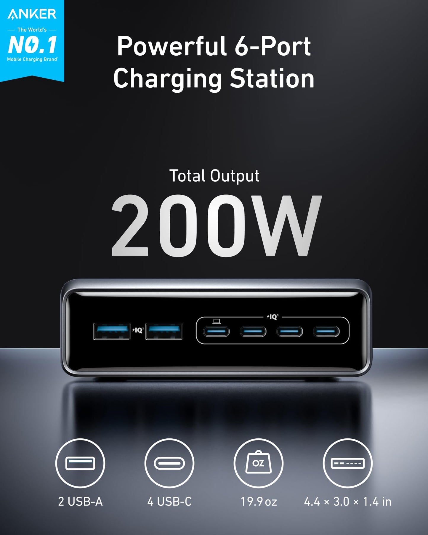 Anker Prime Charging Station, 200W 6-Port GaN Desktop Charger, Fast Charging USB C Charger for Multiple Devices, Compatible with iPhone, Galaxy, MacBook, Dell and More