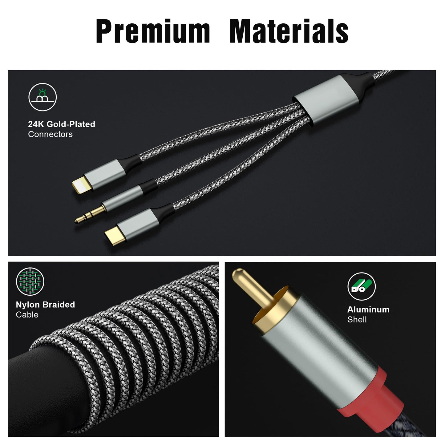 Lightning to RCA Cable Audio Aux Adapter,RCA to 3.5mm Cable，USB C to 2 RCA Audio Cable， (3 in 1 Audio Cable) for Power Amplifier, Car, Home Theater, Speaker and More(Lightning Compatible)(4.26FT)