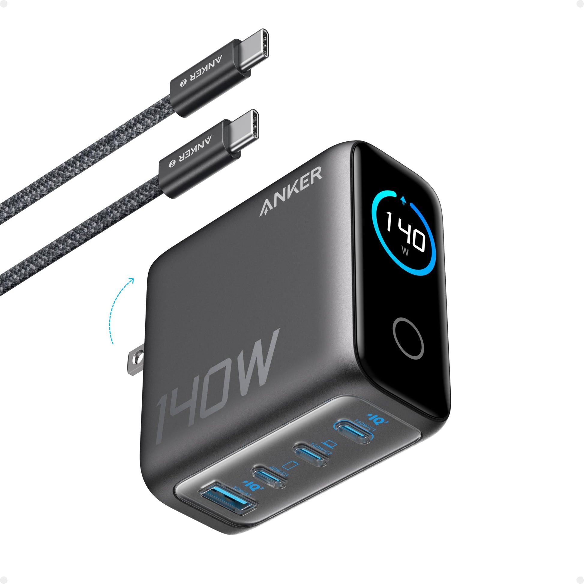 Anker MacBook Charger,140W Max 4-Port GaN USB C Charger Block with Smart Display,Fast Charger USB C Power Adapter,Touch Controls for MacBook,iPad,iPhone 17/16 Series (Include 5FT Cable,Non-Battery)