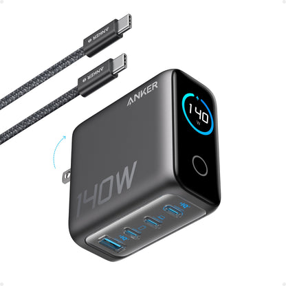 Anker MacBook Charger,140W Max 4-Port GaN USB C Charger Block with Smart Display,Fast Charger USB C Power Adapter,Touch Controls for MacBook,iPad,iPhone 17/16 Series (Include 5FT Cable,Non-Battery)