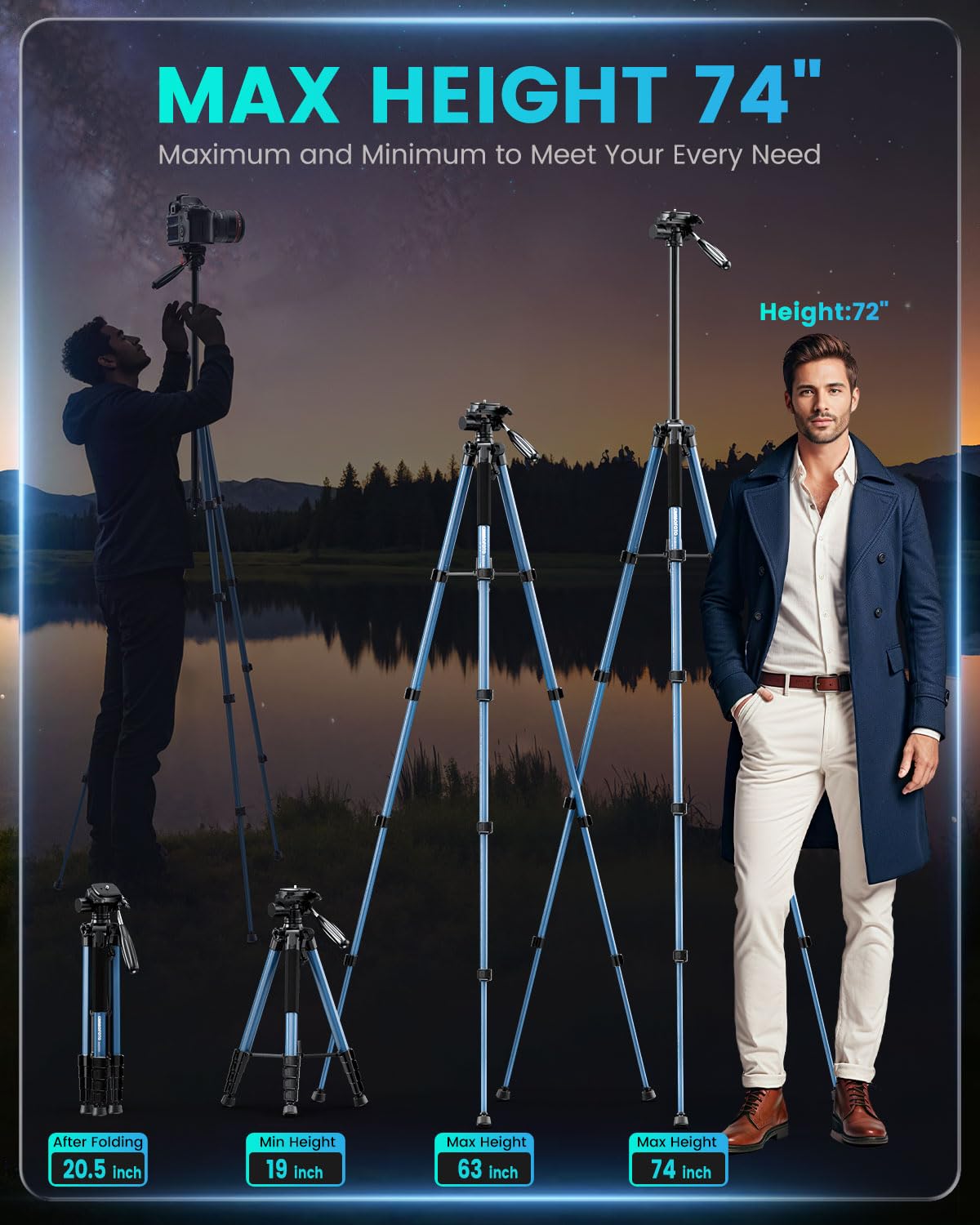 74 Navy Blue Professional Camera Tripod