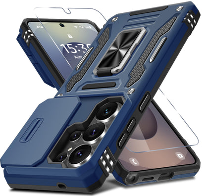 DEERLAMN Case for Samsung Galaxy A17 5G with Slide Camera Cover+Screen Protector (1 Pack), Rotated Ring Kickstand Military Grade Shockproof Protective Cover-Black