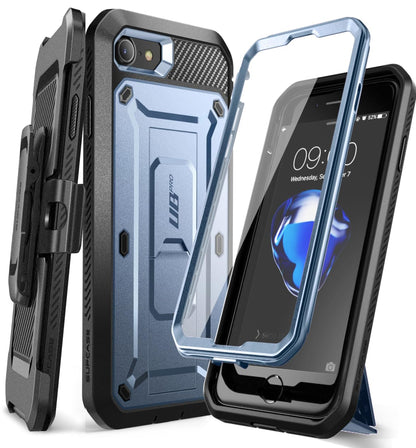 Rugged blue and black phone case with holster and clear front cover, shown on a smartphone.