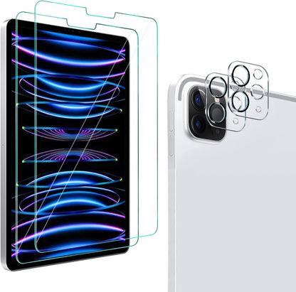 QHOHQ [2+2 Pack Tempered Glass Screen Protector for iPad Pro 11 2022/2021/2020 (4th/3rd/2nd Generation) with Camera Lens Protector, Ultra HD, Anti-Scratch, Designed for Face ID＆Apple Pencil