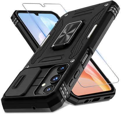 DEERLAMN Case for Samsung Galaxy A17 5G with Slide Camera Cover+Screen Protector (1 Pack), Rotated Ring Kickstand Military Grade Shockproof Protective Cover-Black